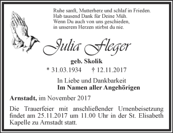 Traueranzeige von Julia Fleger von Thüringer Allgemeine