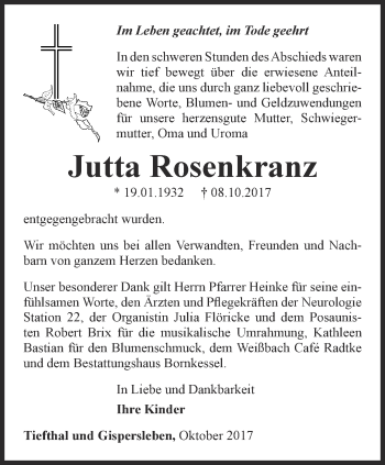 Traueranzeige von Jutta Rosenkranz von Thüringer Allgemeine, Thüringische Landeszeitung