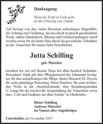 Traueranzeige von Jutta Schilling von Ostthüringer Zeitung