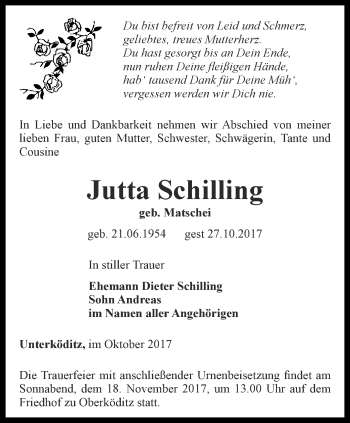 Traueranzeige von Jutta Schilling von Ostthüringer Zeitung