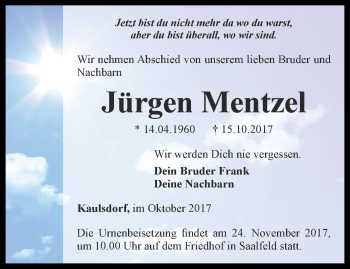 Traueranzeige von Jürgen Mentzel von Ostthüringer Zeitung