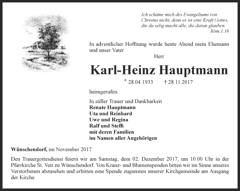  Traueranzeige für Karl-Heinz Hauptmann vom 30.11.2017 aus Ostthüringer Zeitung