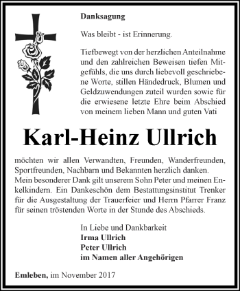 Traueranzeige von Karl-Heinz Ullrich von Ostthüringer Zeitung, Thüringische Landeszeitung