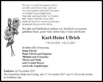 Traueranzeige von Karl-Heinz Ullrich von Ostthüringer Zeitung, Thüringische Landeszeitung