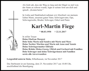 Traueranzeige von Karl-Martin Fiege von Thüringer Allgemeine, Thüringische Landeszeitung