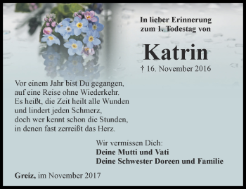 Traueranzeige von Katrin Gerg von Ostthüringer Zeitung