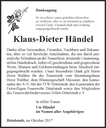 Traueranzeige von Klaus-Dieter Händel von Thüringer Allgemeine, Thüringische Landeszeitung