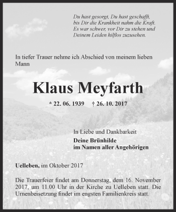 Traueranzeige von Klaus Meyfarth von Ostthüringer Zeitung, Thüringische Landeszeitung