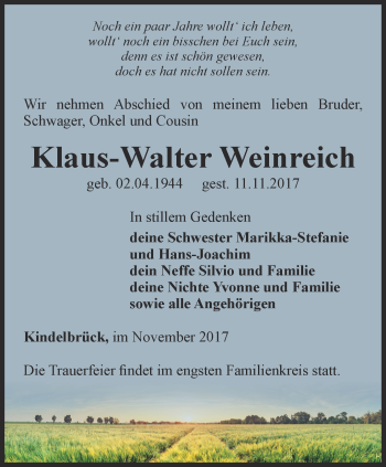 Traueranzeige von Klaus-Walter Weinreich von Thüringer Allgemeine