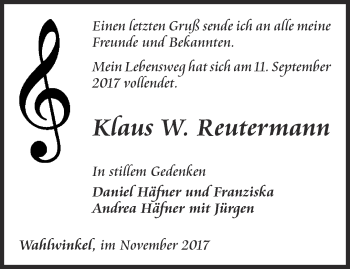 Traueranzeige von Klaus W. Reutermann von Ostthüringer Zeitung, Thüringische Landeszeitung