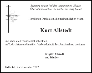 Traueranzeige von Kurt Allstedt von Ostthüringer Zeitung, Thüringische Landeszeitung