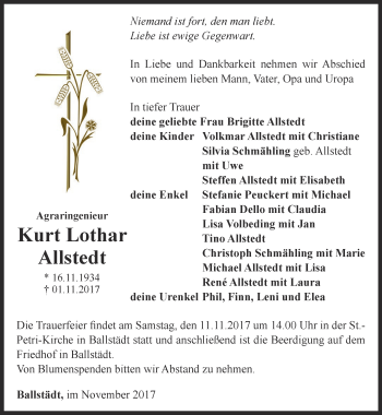 Traueranzeige von Kurt Lothar Allstedt von Ostthüringer Zeitung, Thüringische Landeszeitung