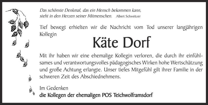  Traueranzeige für Käte  Dorf vom 06.11.2017 aus Ostthüringer Zeitung
