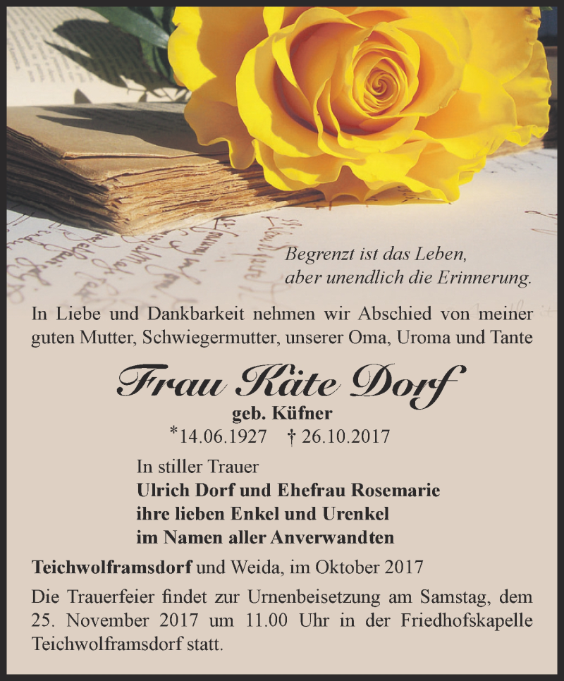 Traueranzeige für Käte  Dorf vom 03.11.2017 aus Ostthüringer Zeitung