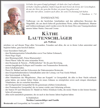 Traueranzeige von Käthe Lautenschläger von Ostthüringer Zeitung, Thüringische Landeszeitung