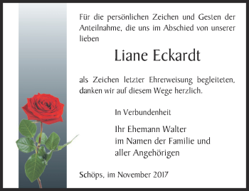 Traueranzeige von Liane Eckardt von Ostthüringer Zeitung, Thüringische Landeszeitung