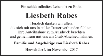 Traueranzeige von Liesbeth Rabes von Ostthüringer Zeitung