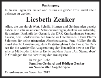 Traueranzeige von Liesbeth Zenker von Thüringer Allgemeine