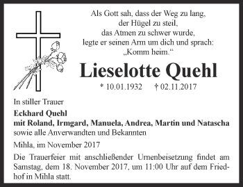 Traueranzeige von Lieselotte Quehl von Thüringer Allgemeine, Thüringische Landeszeitung