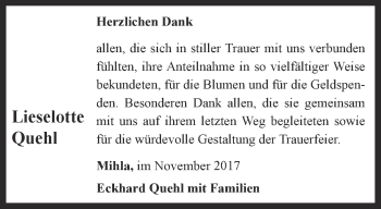 Traueranzeige von Lieselotte Quehl von Thüringer Allgemeine, Thüringische Landeszeitung