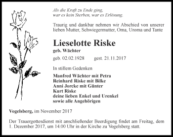 Traueranzeige von Lieselotte Riske von Thüringer Allgemeine