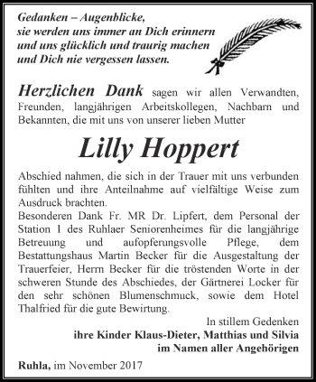 Traueranzeige von Lilly Hoppert von Thüringer Allgemeine, Thüringische Landeszeitung