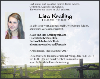 Traueranzeige von Lisa Kralling von Thüringer Allgemeine