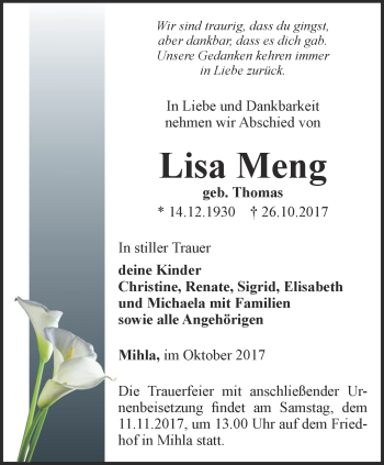 Traueranzeige von Lisa Meng von Thüringer Allgemeine, Thüringische Landeszeitung