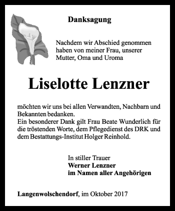 Traueranzeige von Liselotte Lenzner von Ostthüringer Zeitung