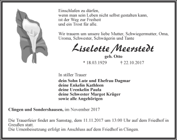 Traueranzeige von Liselotte Meerstedt von Thüringer Allgemeine