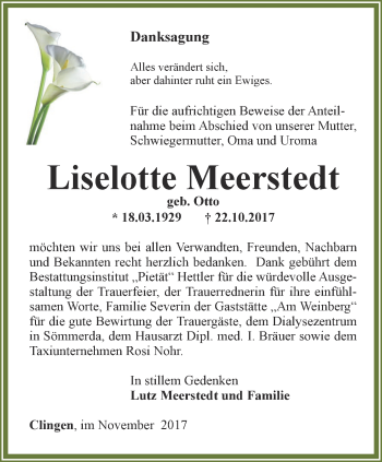 Traueranzeige von Liselotte Meerstedt von Thüringer Allgemeine