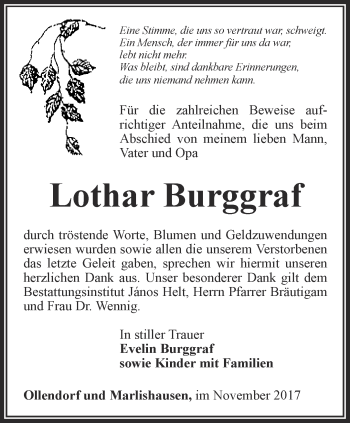 Traueranzeige von Lothar Burggraf von Thüringer Allgemeine, Thüringische Landeszeitung