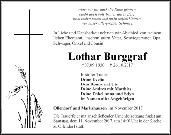 Traueranzeige von Lothar Burggraf von Thüringer Allgemeine, Thüringische Landeszeitung