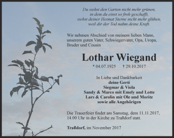 Traueranzeige von Lothar Wiegand von Thüringer Allgemeine