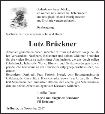 Traueranzeige von Lutz Brückner von Ostthüringer Zeitung