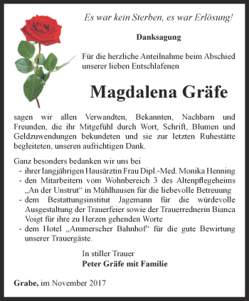 Traueranzeige von Magdalena Gräfe von Thüringer Allgemeine, Thüringische Landeszeitung
