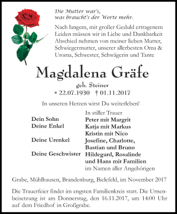 Traueranzeige von Magdalena Gräfe von Thüringer Allgemeine, Thüringische Landeszeitung