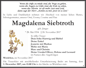 Traueranzeige von Magdalena Siebtroth von Thüringer Allgemeine