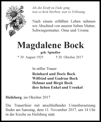 Traueranzeige von Magdalene Bock von Ostthüringer Zeitung