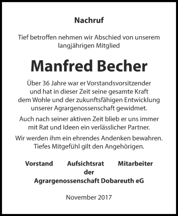 Traueranzeige von Manfred Becher von Ostthüringer Zeitung