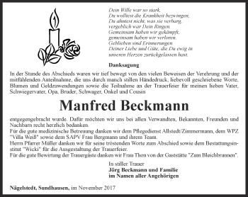 Traueranzeige von Manfred Beckmann von Thüringer Allgemeine, Thüringische Landeszeitung