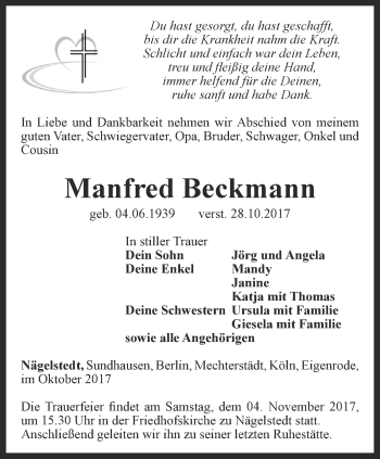 Traueranzeige von Manfred Beckmann von Thüringer Allgemeine, Thüringische Landeszeitung