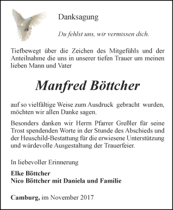 Traueranzeige von Manfred Böttcher von Ostthüringer Zeitung, Thüringische Landeszeitung