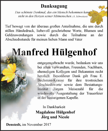 Traueranzeige von Manfred Hülgenhof von Thüringer Allgemeine, Thüringische Landeszeitung