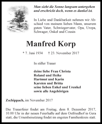 Traueranzeige von Manfred Korp von Ostthüringer Zeitung