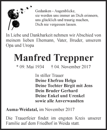 Traueranzeige von Manfred Treppner von Ostthüringer Zeitung