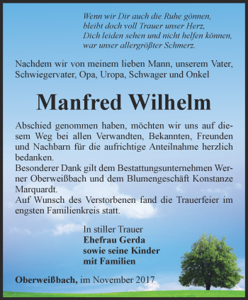 Traueranzeige von Manfred Wilhelm von Ostthüringer Zeitung