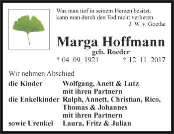 Traueranzeige von Marga Hoffmann von Thüringer Allgemeine, Thüringische Landeszeitung