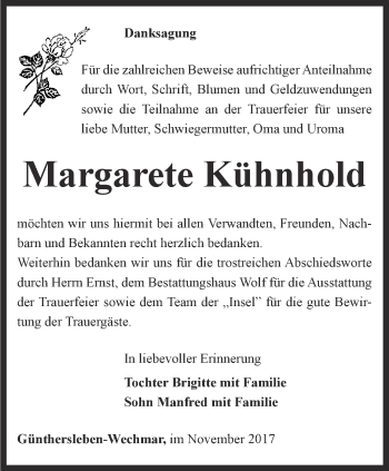 Traueranzeige von Margarete Kühnhold von Ostthüringer Zeitung, Thüringische Landeszeitung