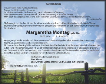 Traueranzeige von Margaretha Montag von Thüringer Allgemeine